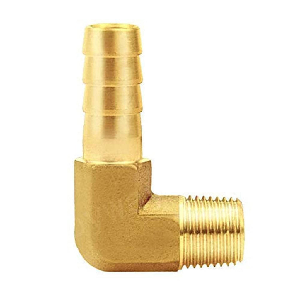 Brass 90° elbow hose fitting with barbed tube end and male NPT threads