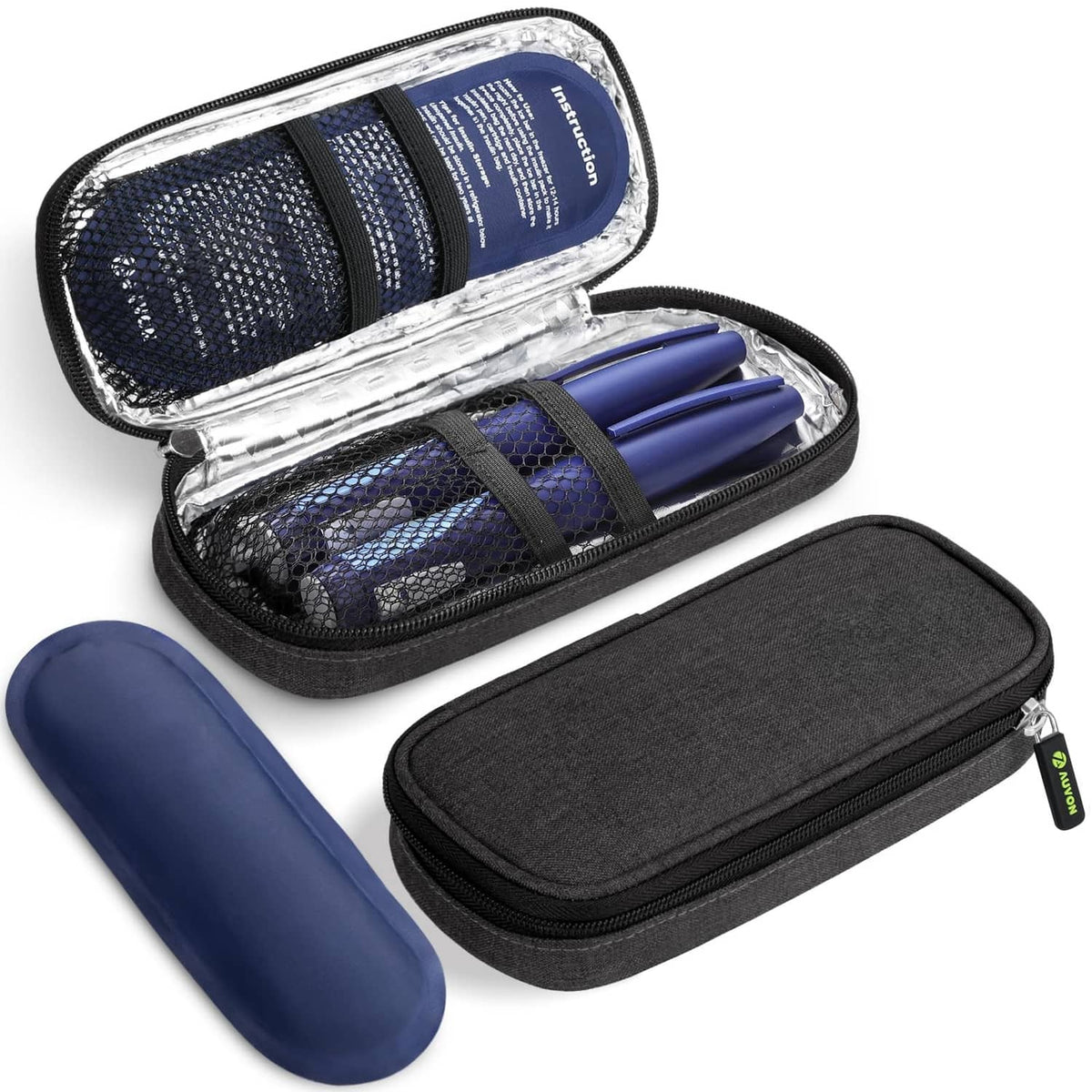 Insulin cooler travel case open with black shell, reflective lining, and blue gel pack