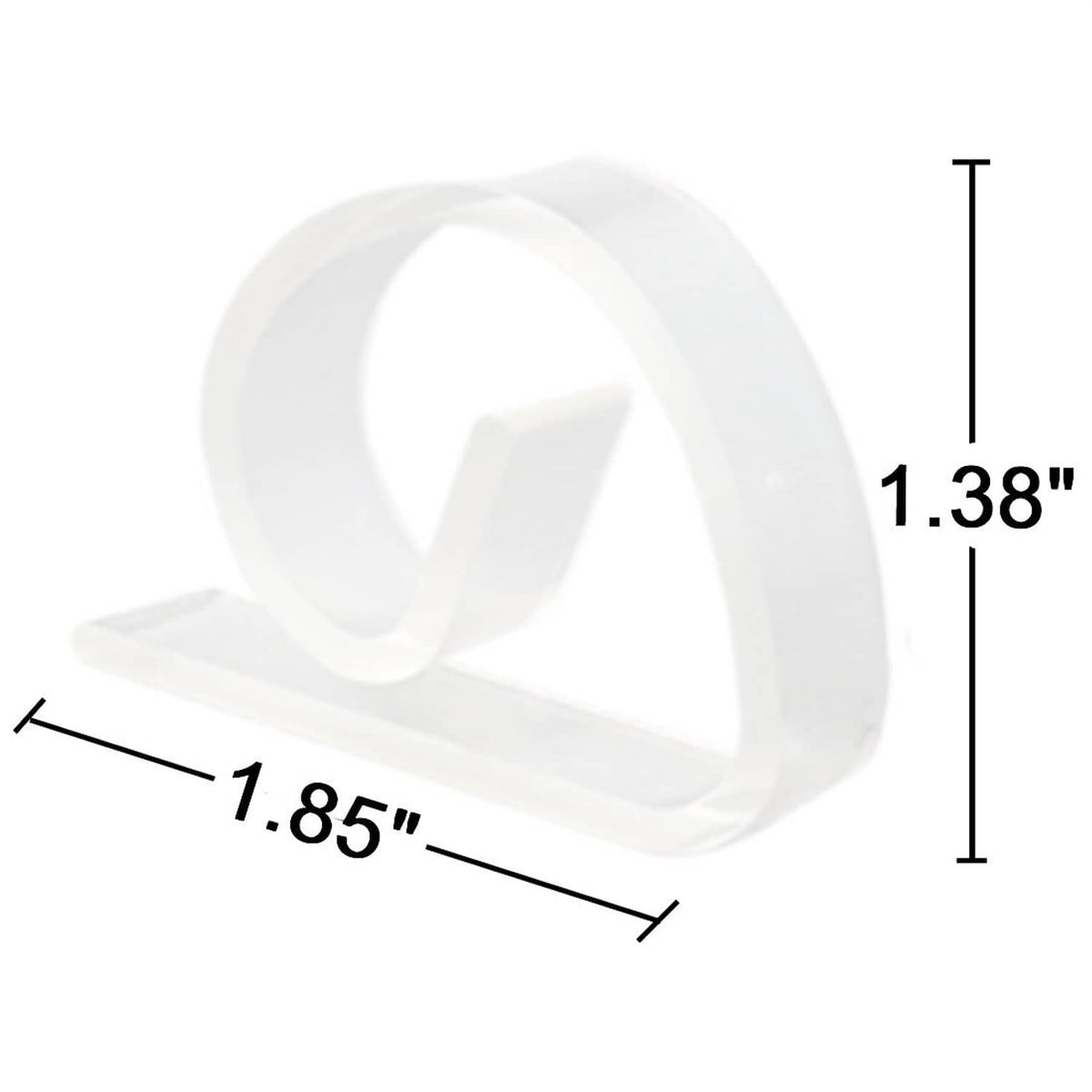 Clear plastic tablecloth clip with size measurements 1.85in and 1.38in