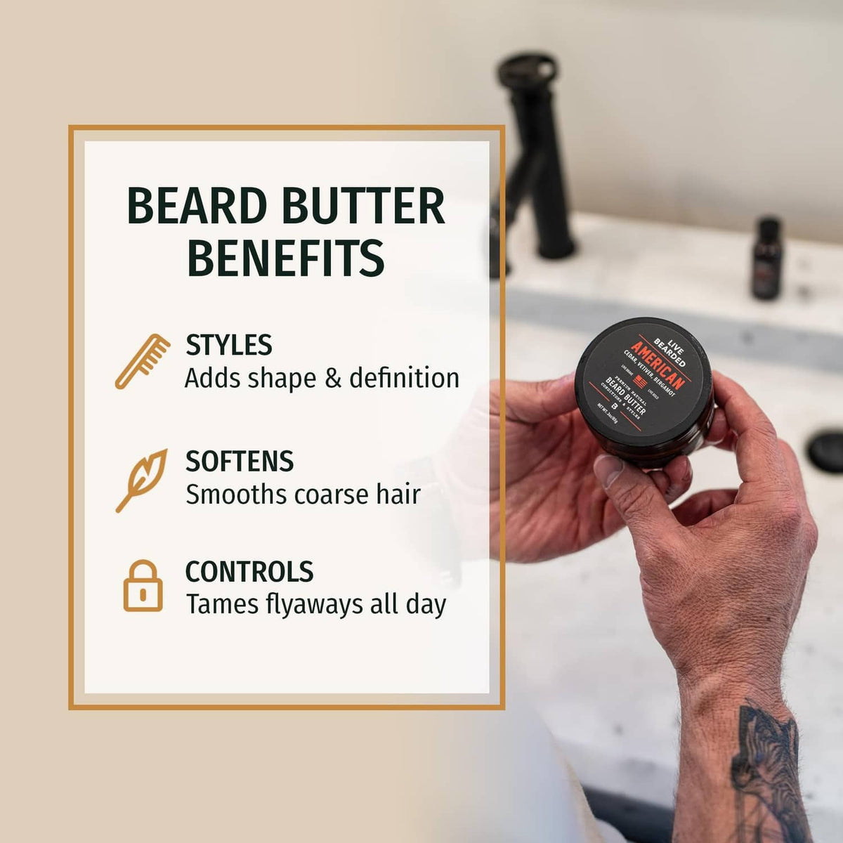 Hand holding Live Bearded beard butter tin with on-screen 'Beard Butter Benefits' text