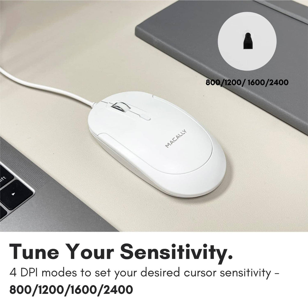 White wired optical mouse with scroll wheel and side buttons, MACALLY logo