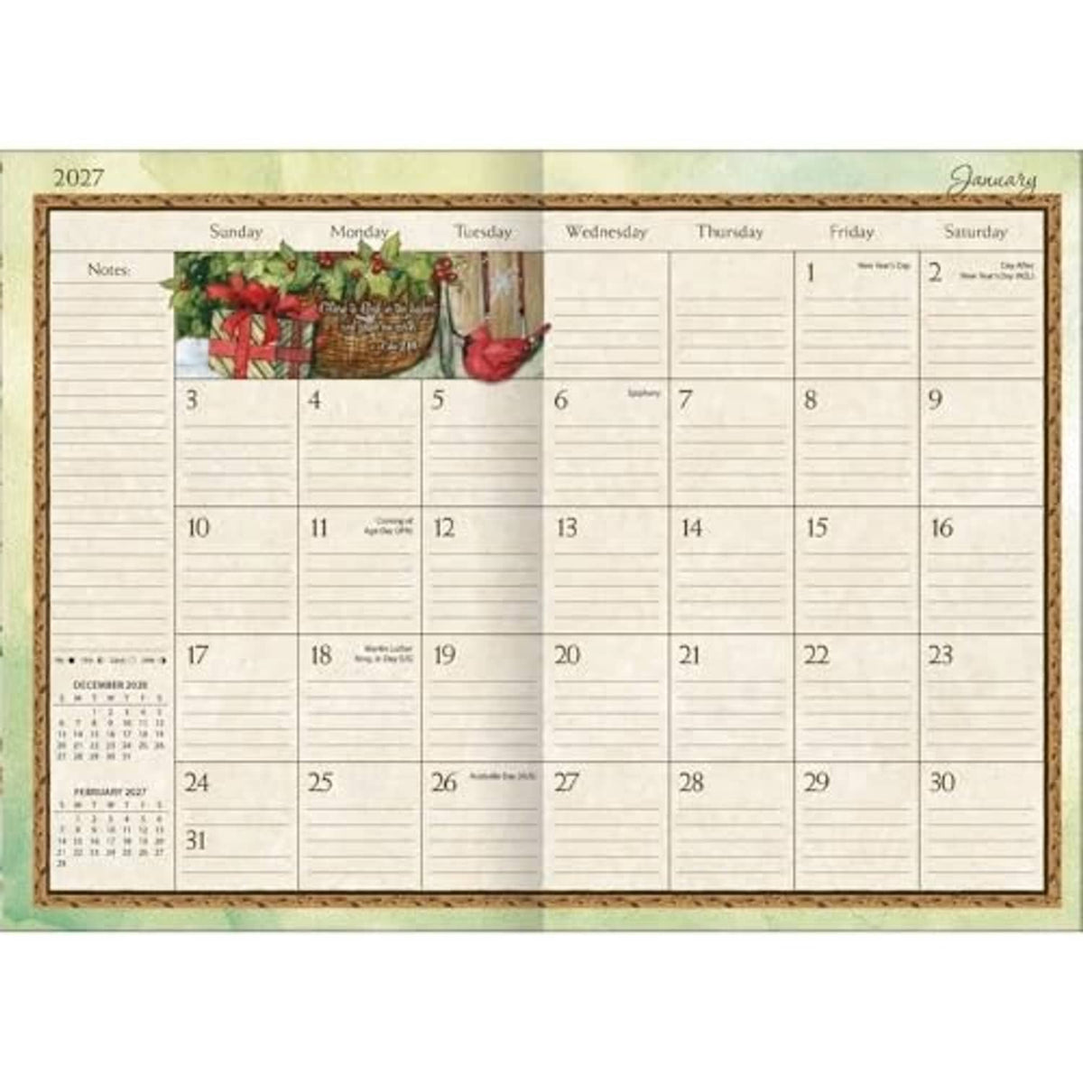 Monthly planner spread for 2027 with Sunday-to-Saturday date grid and notes lines