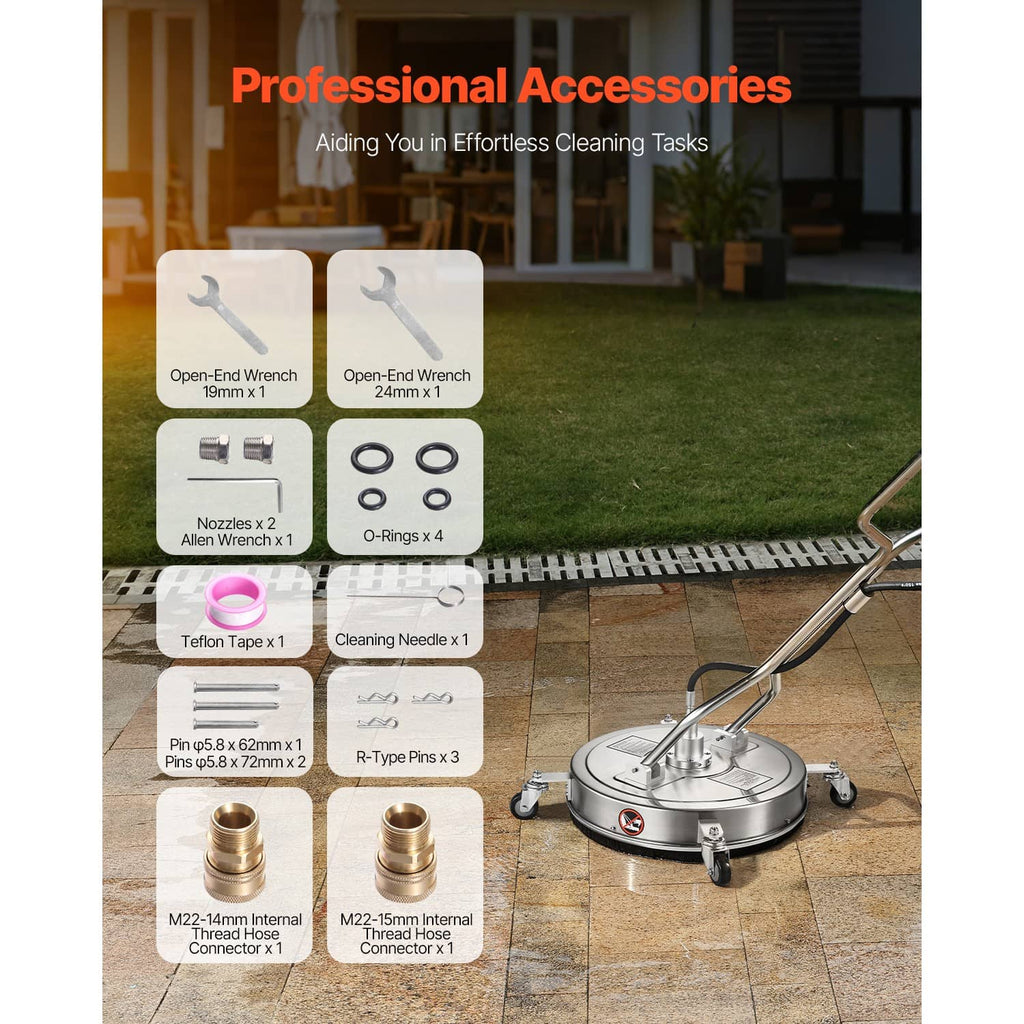 Pressure washer surface cleaner with professional accessory parts and connector fittings