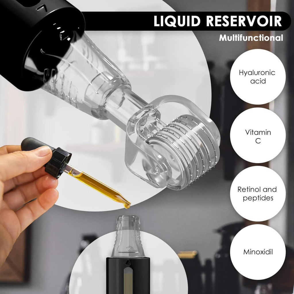 Clear liquid-reservoir derma roller with transparent needle drum and black cap