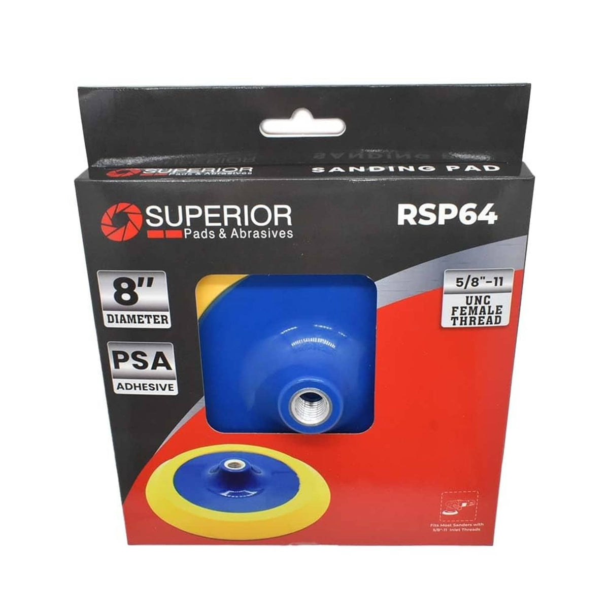 Superior RSP64 8 in sanding pad packaging with PSA adhesive shown.