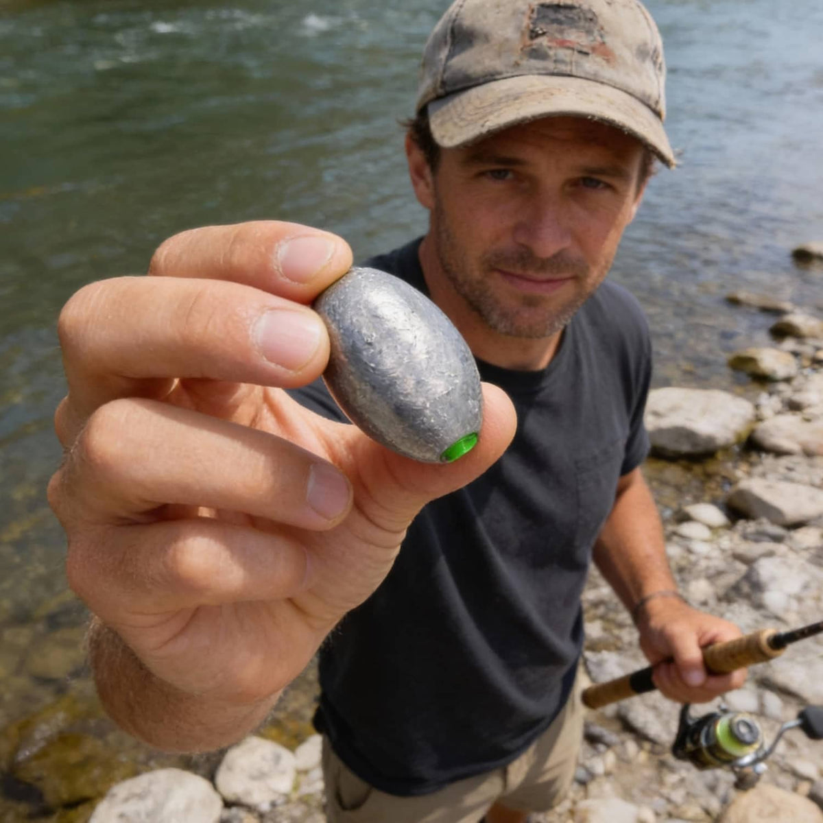Egg fishing sinker weight, gray silver oval lead with green line loop held by hand