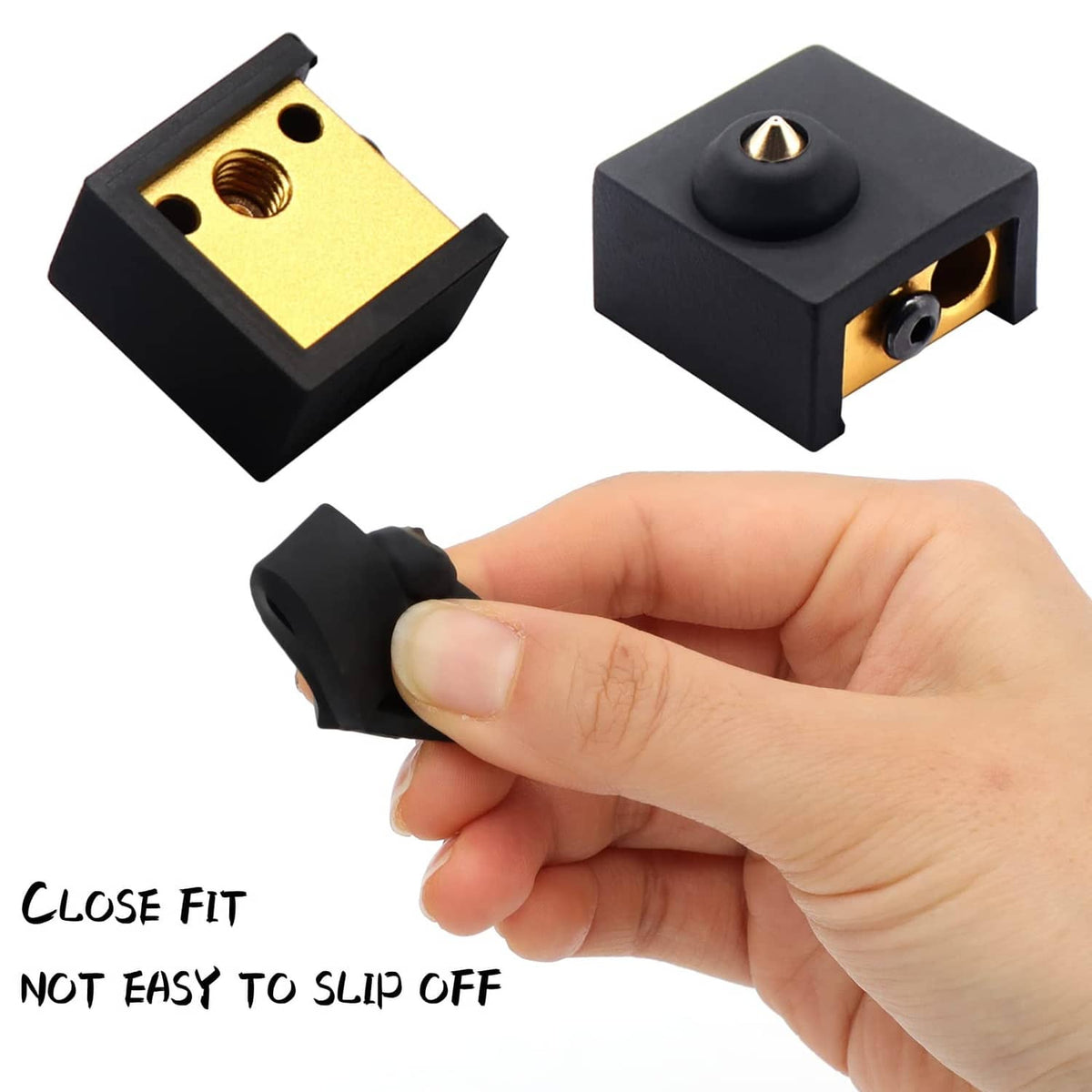 Hand holding a black heater block silicone cover with round opening and slot