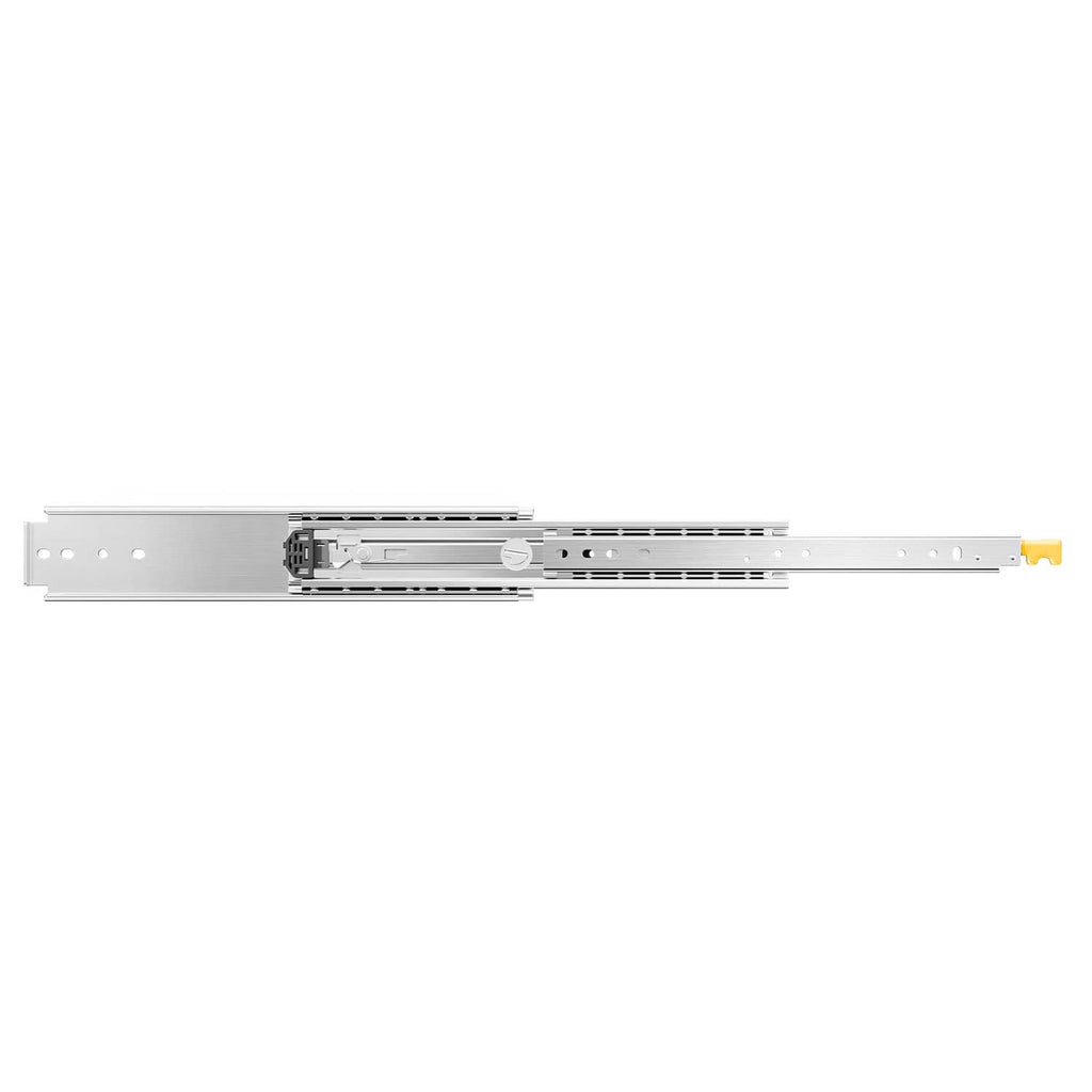Heavy-duty soft-close drawer slide pair with ball-bearing mechanism and mounting holes