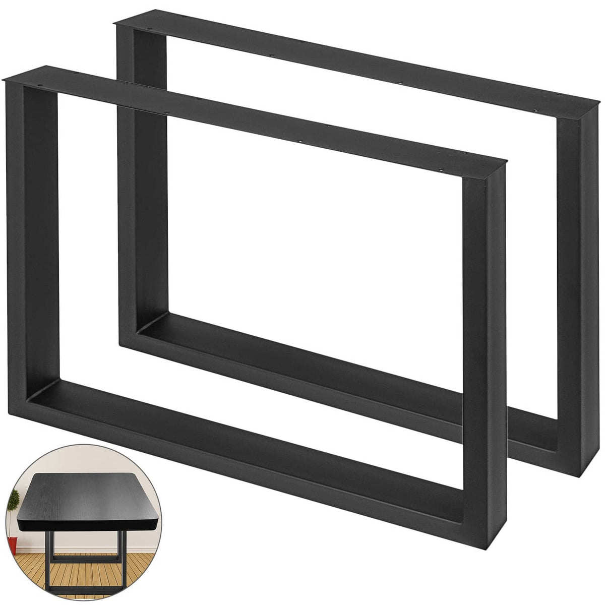 Black metal table leg frame, open rectangle design with flat base bars