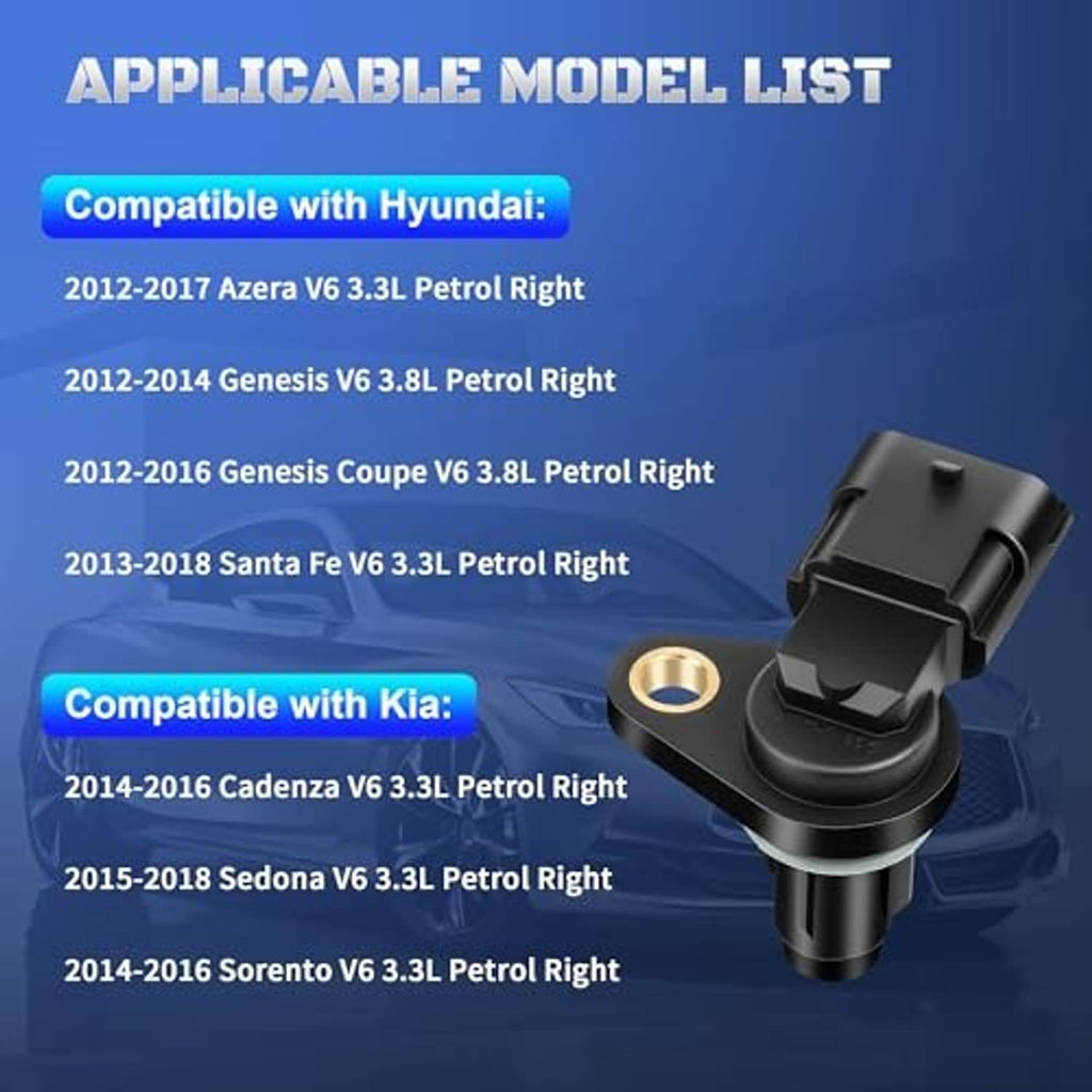 Camshaft position sensor on compatibility graphic, black housing with gold mounting terminal