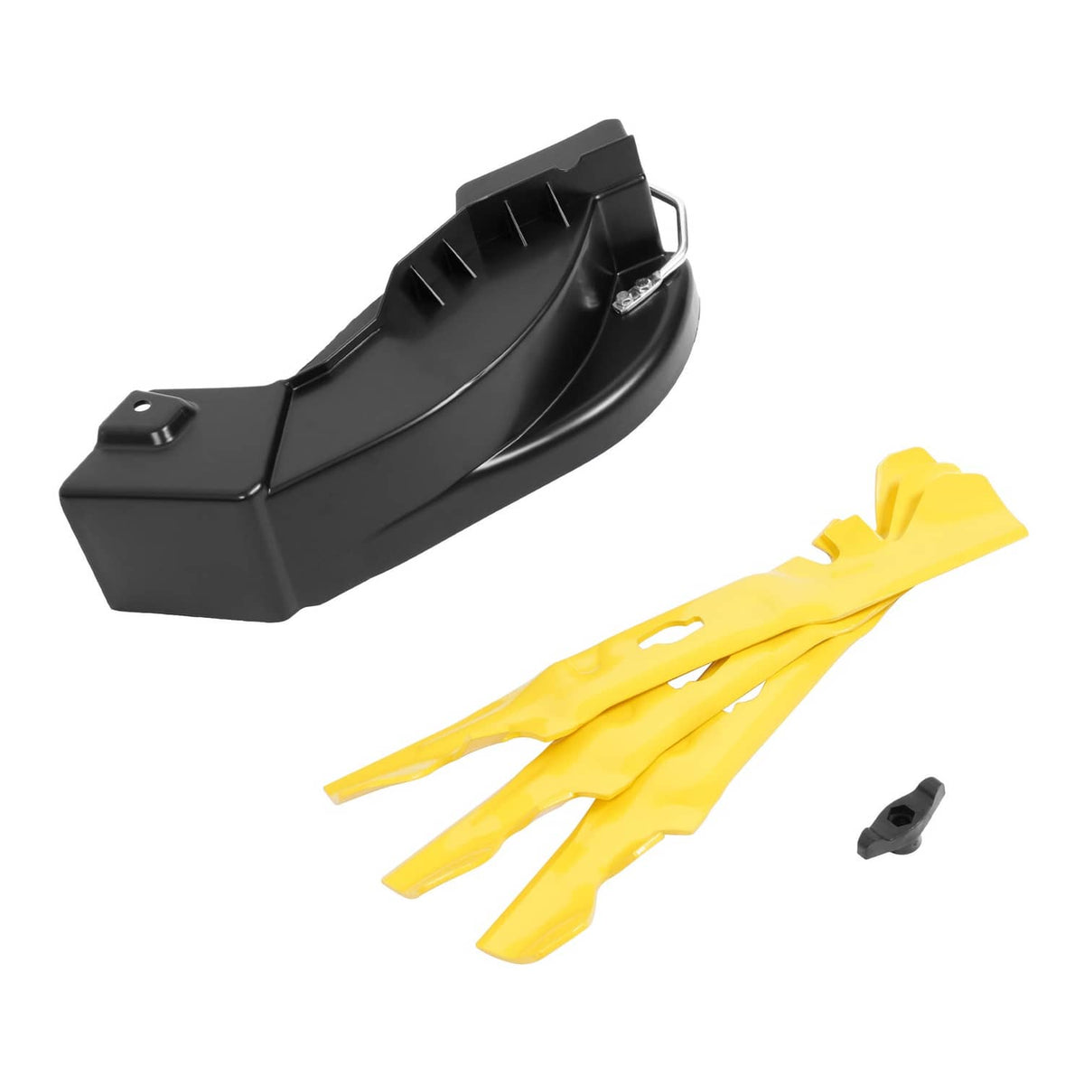 Mulching kit blade set with black discharge cover and yellow mulching blades, includes bolt