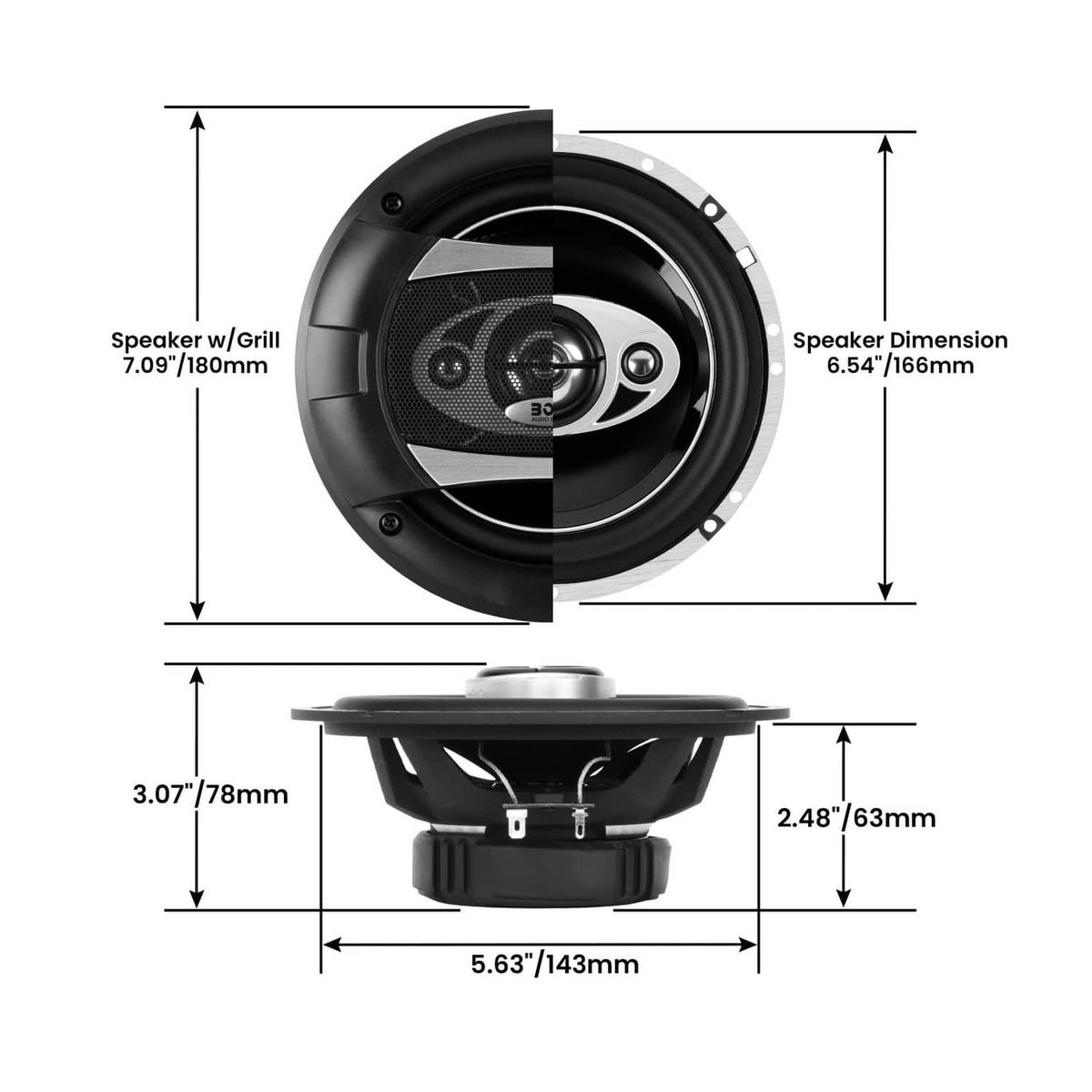 Black 6.5-inch car speaker with woofer and tweeter layout, front and side diagram