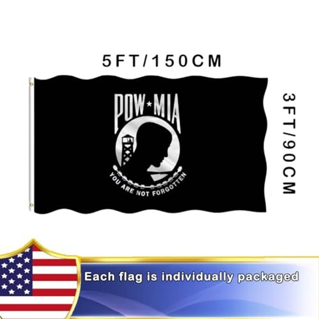 Black POW-MIA embroidered flag, 5 ft by 3 ft, with central circular emblem