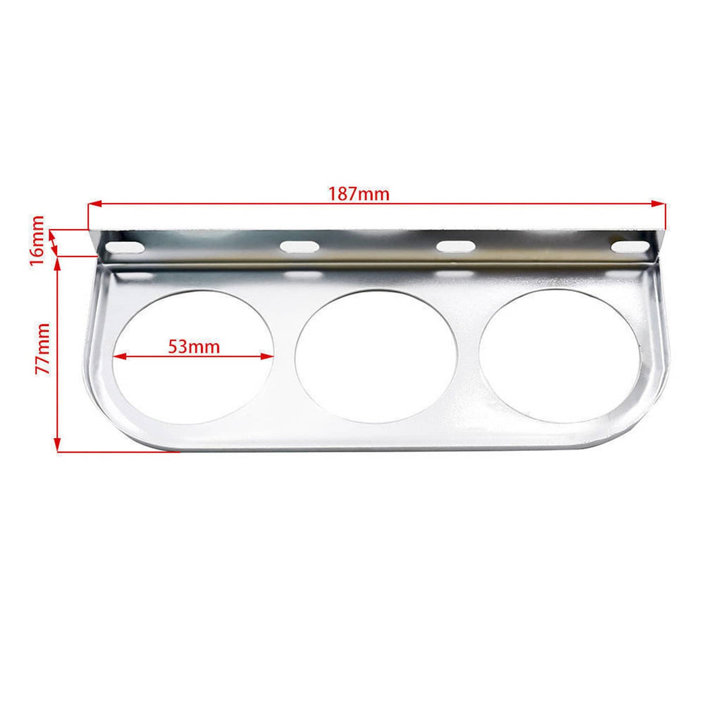 Metal mounting bracket with three round gauge cutouts and measurement guides