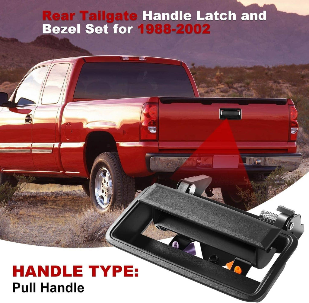 Black tailgate handle latch and bezel set with full handle design