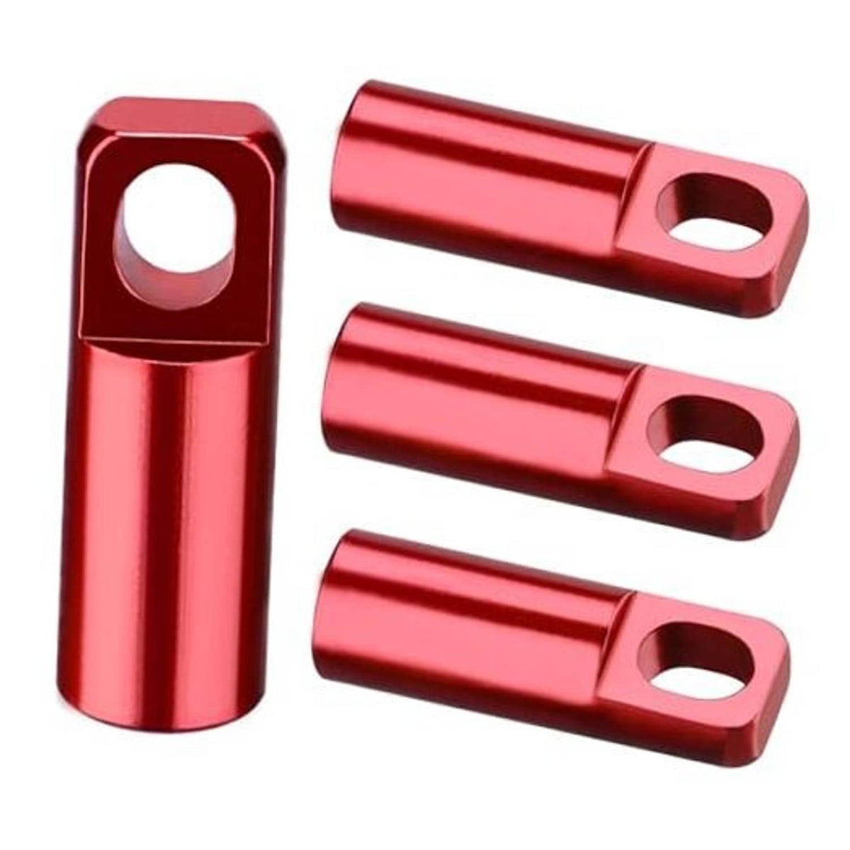 Set of four red aluminum Presta valve caps with square openings