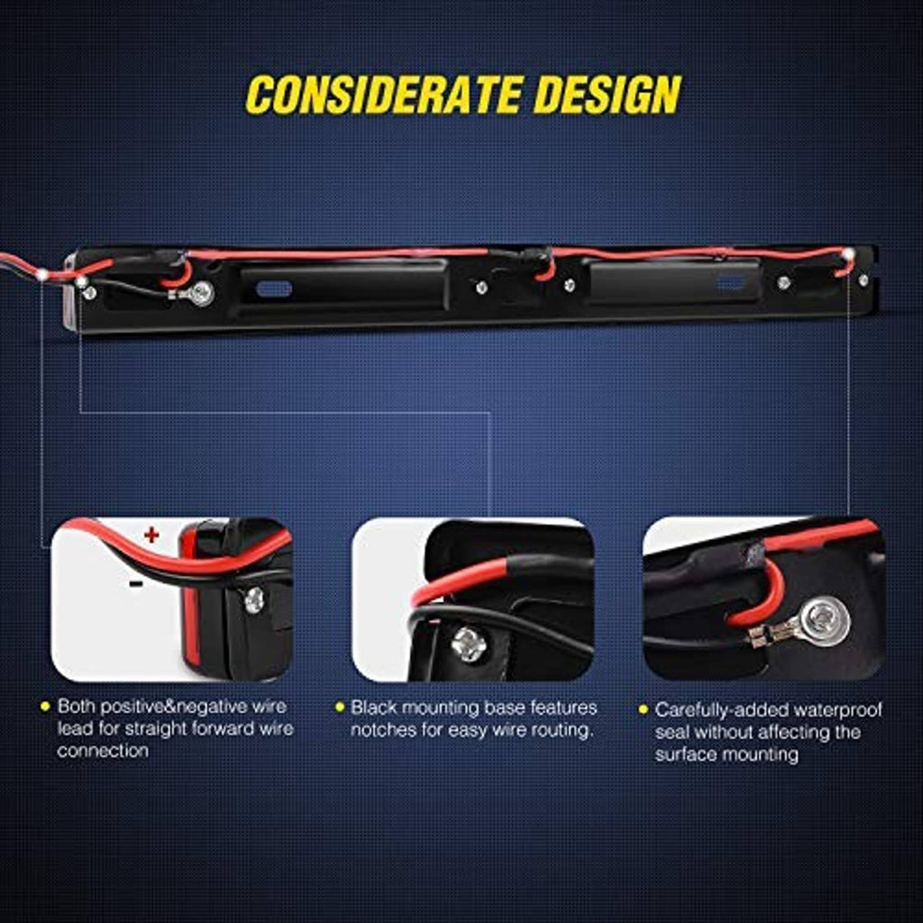 Black LED ID bar marker light showing mounting holes, wiring channel, and waterproof design.
