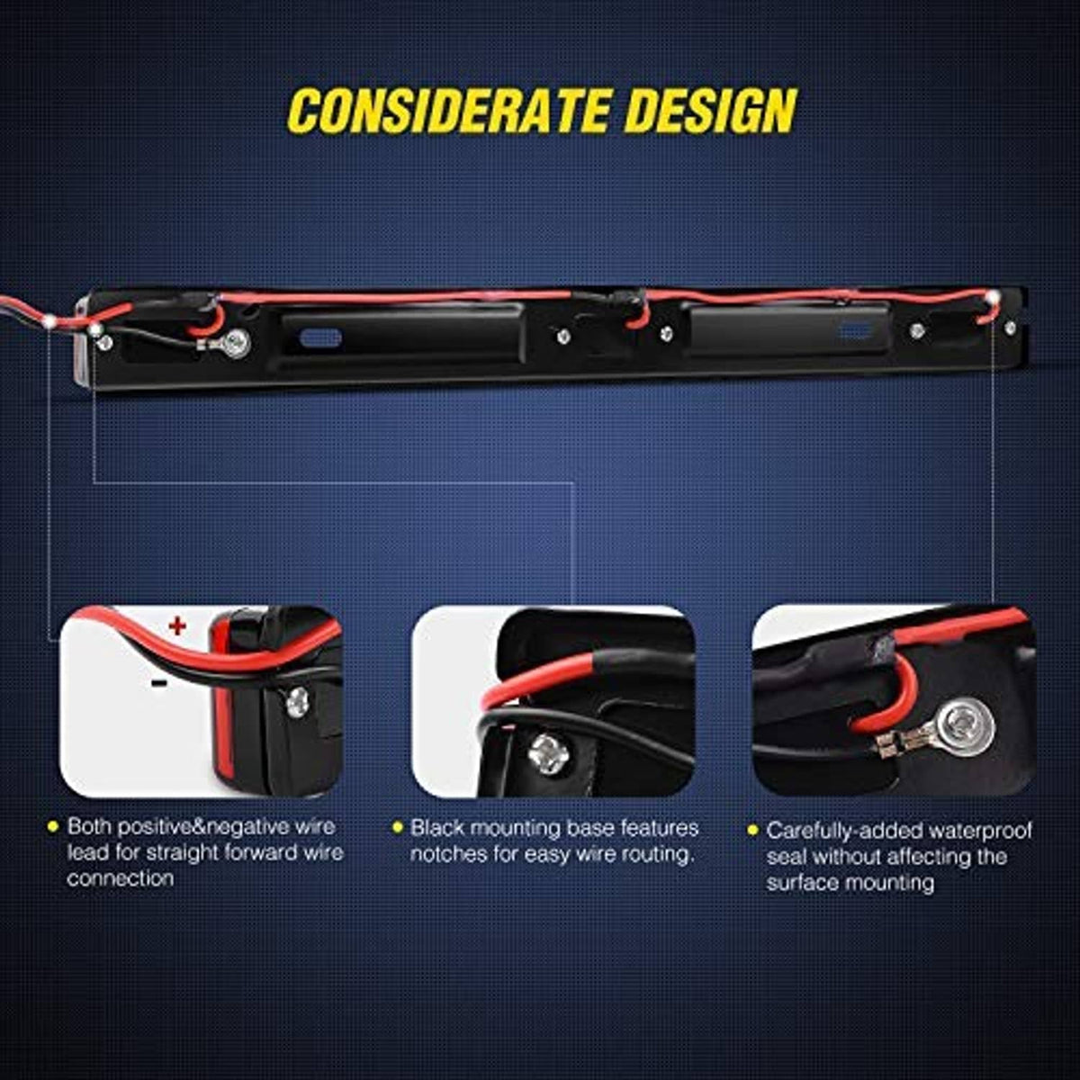 Black LED ID bar marker light showing mounting holes, wiring channel, and waterproof design.