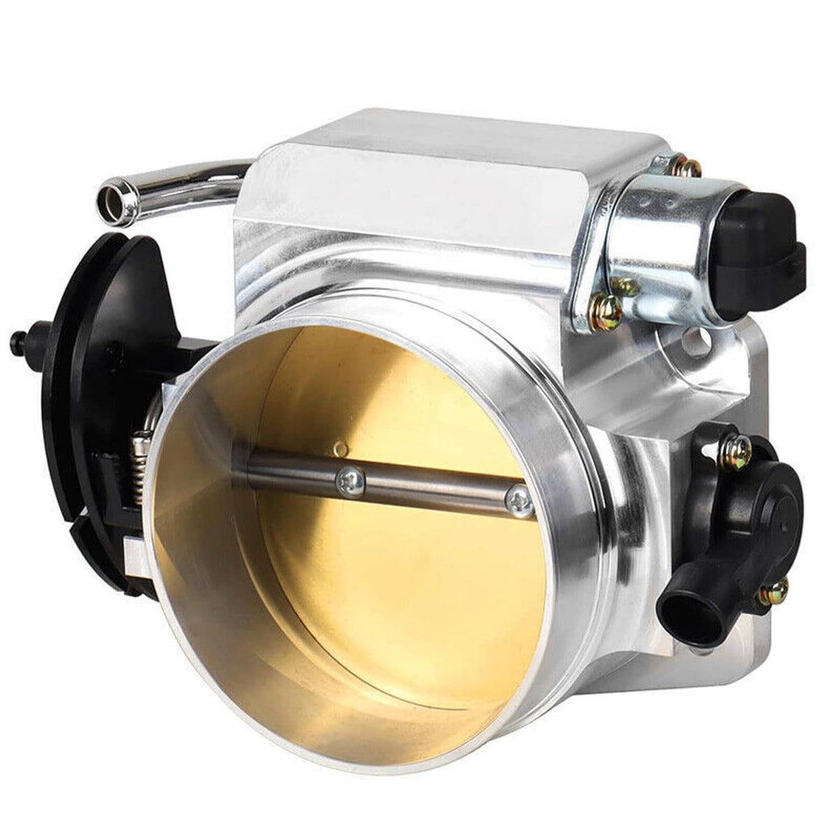 Aluminum 102mm throttle body with gold interior, silver housing and sensor connections