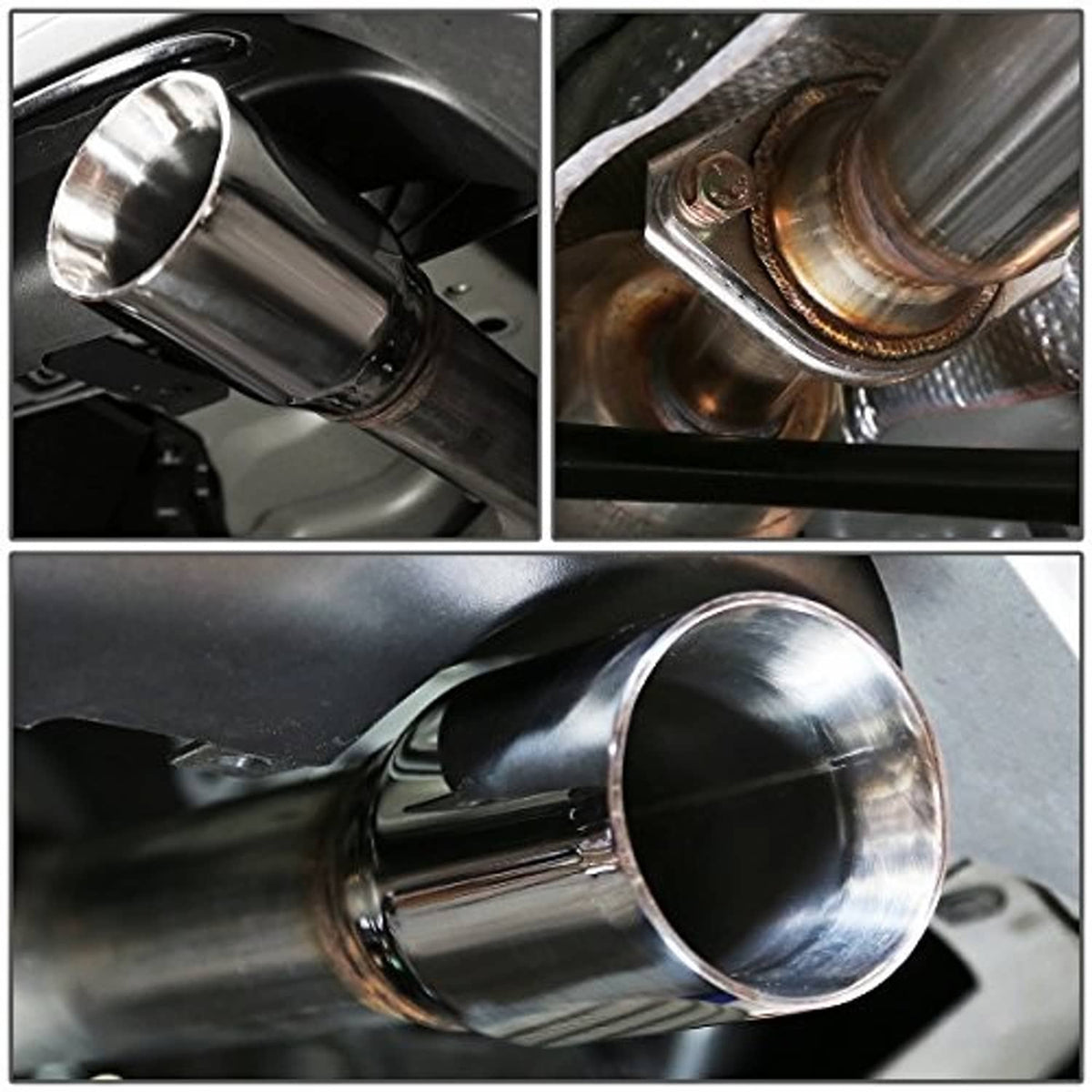 Close-up of installed exhaust outlets and internal piping with polished stainless finish