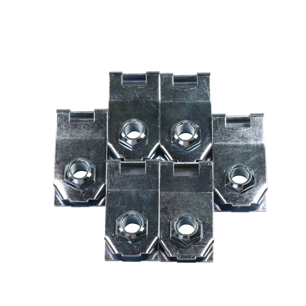 Truck bed mounting hardware kit with black mounting base and hex nuts