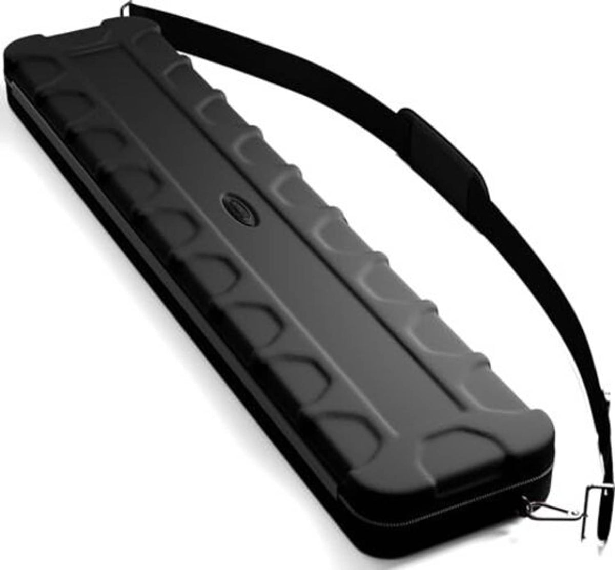 Black billiard cue case with textured molded padding and top zipper and handle tabs.