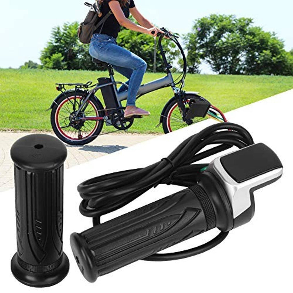 Electric throttle grip with silver LCD housing, black textured rubber grip, bundled cable