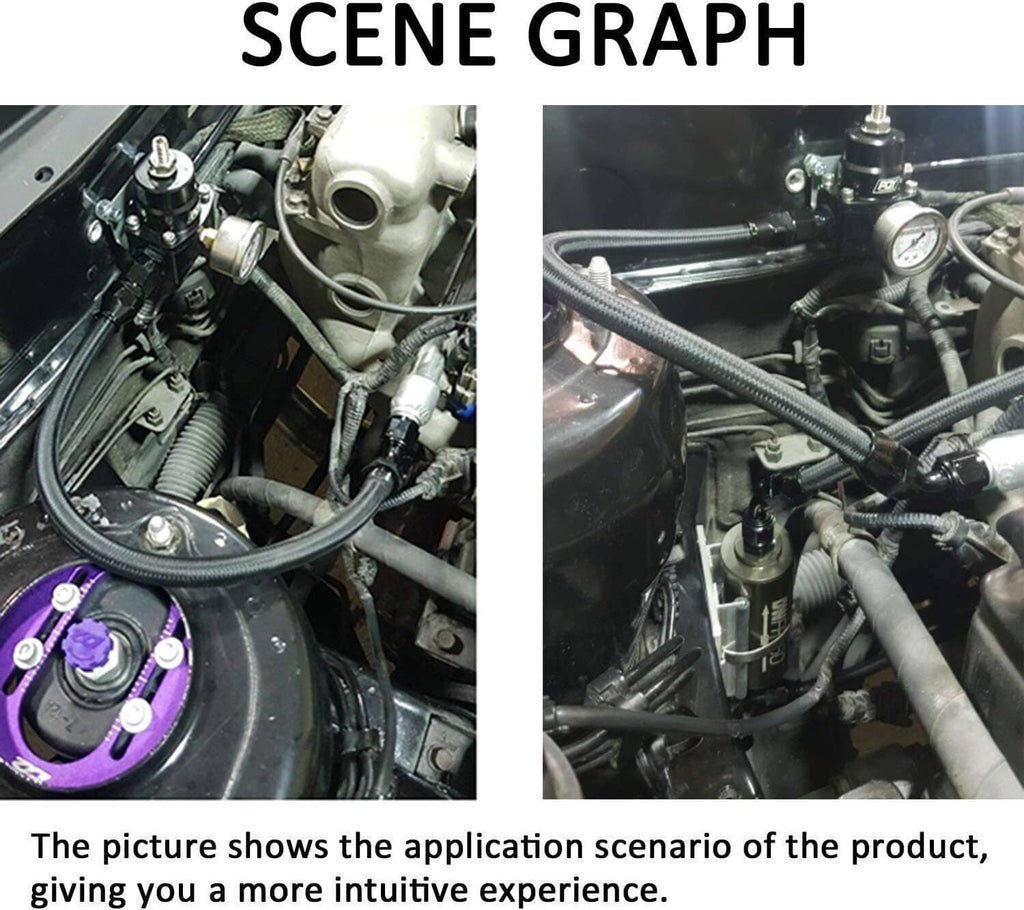 PTFE braided fuel hose set with black fittings installed on an engine compartment