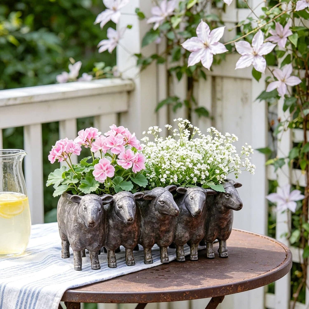 Sheep-shaped resin succulent planter, dark gray herd holding small flowers