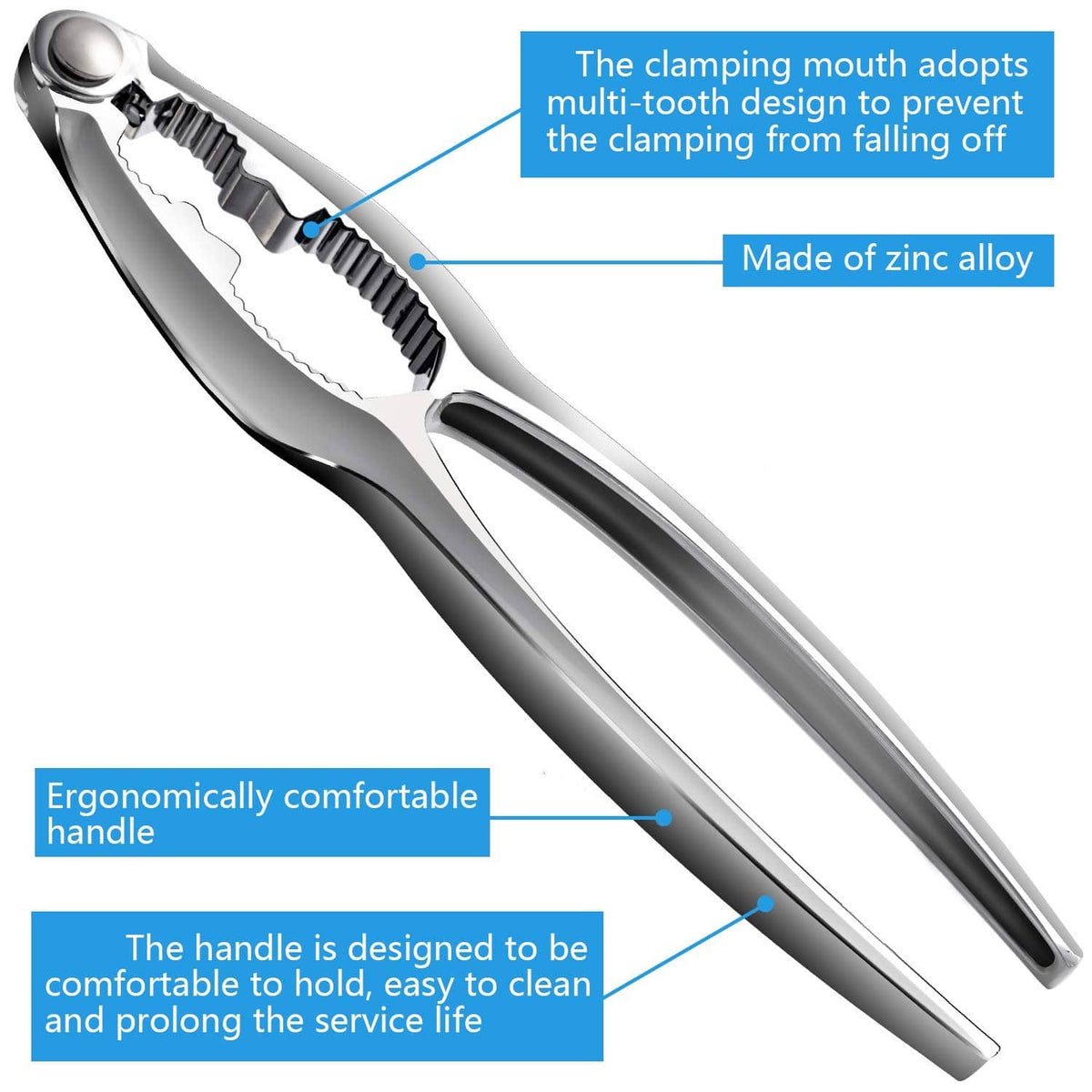 Metal seafood claw cracker with ribbed clamping jaws and ergonomic handle