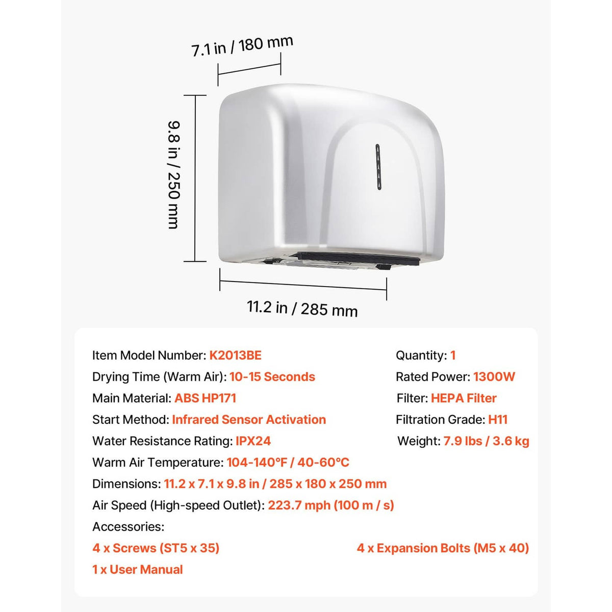 White automatic hand dryer dimensions view with front air outlet and sensor strip