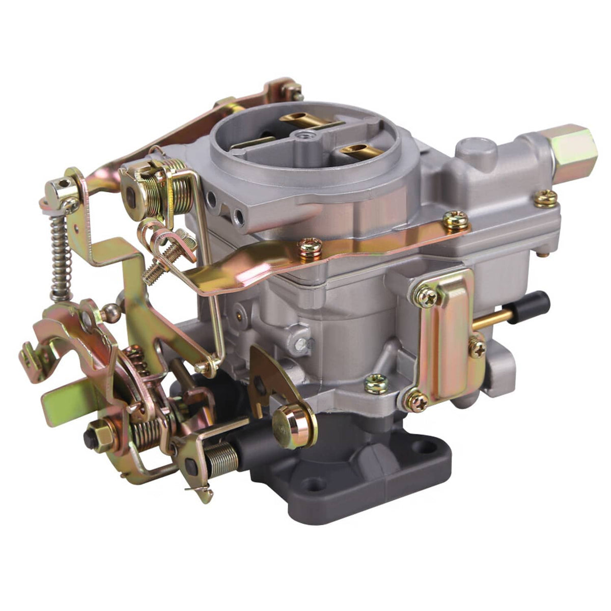 Carburetor with silver body, inlet throat, and manual choke linkage, side view