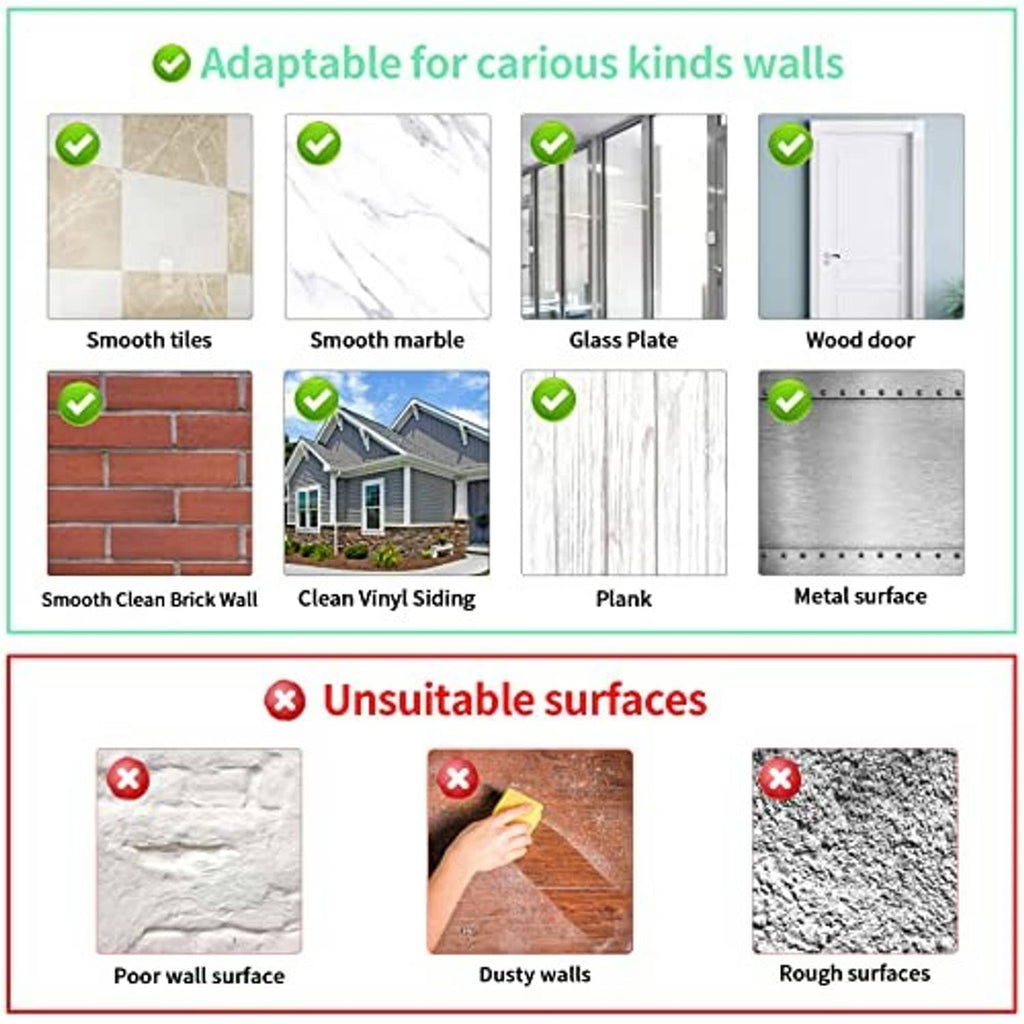 Adhesive hook compatibility chart showing suitable and unsuitable wall surfaces