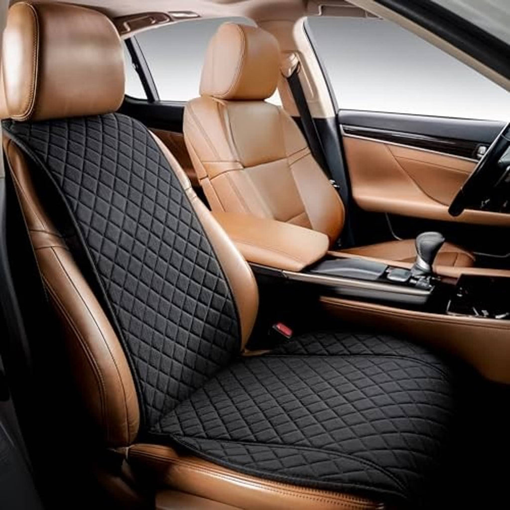 Black quilted diamond faux linen front seat protector with snug, non-slip fit