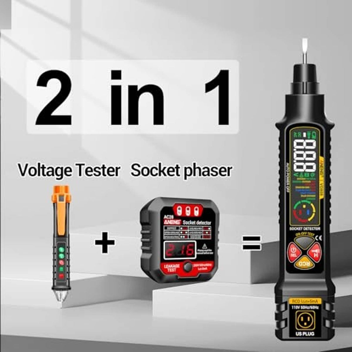 Black non-contact voltage tester with raised prongs and stacked indicator display