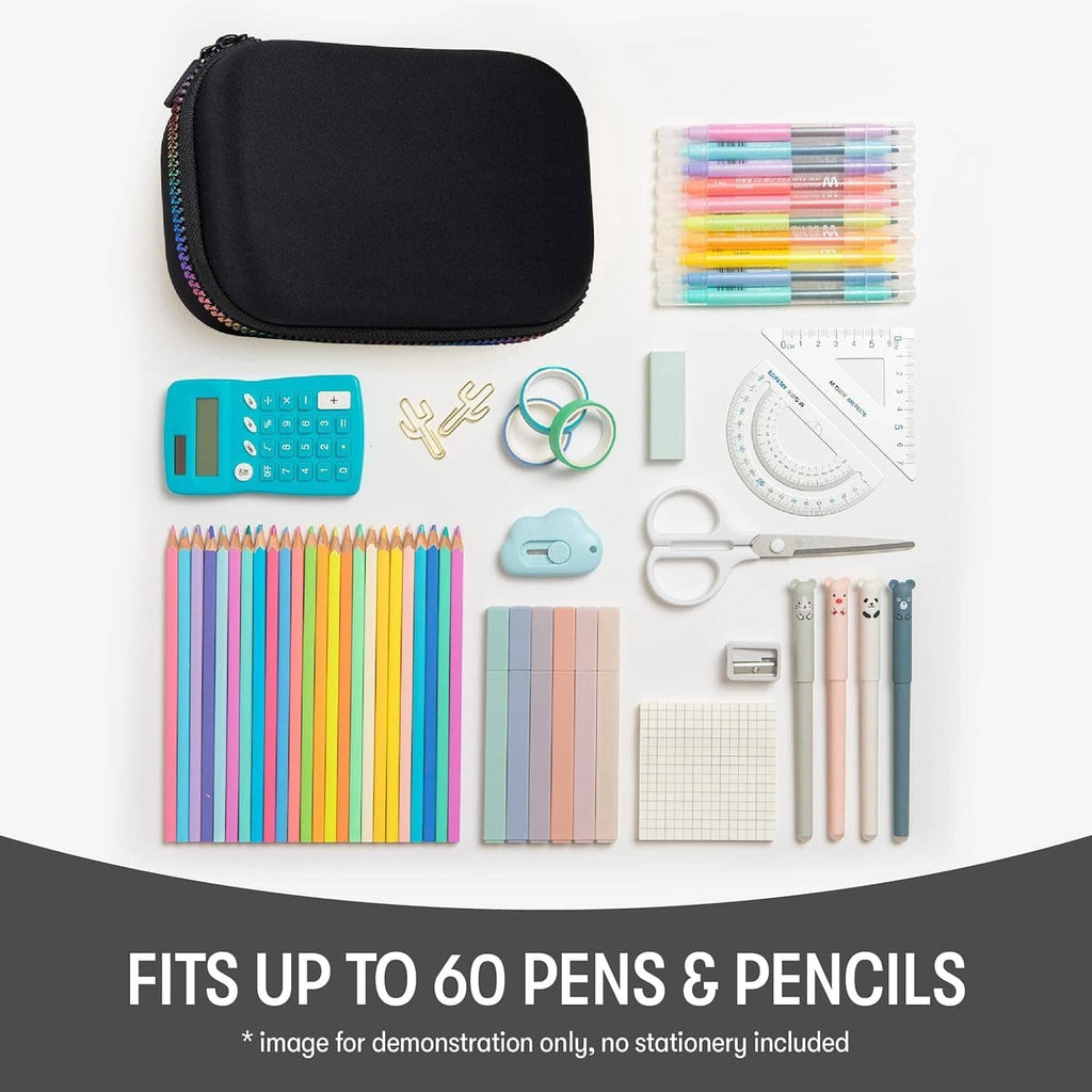 Black pencil case with rainbow zipper, laid open with colorful stationery items inside.