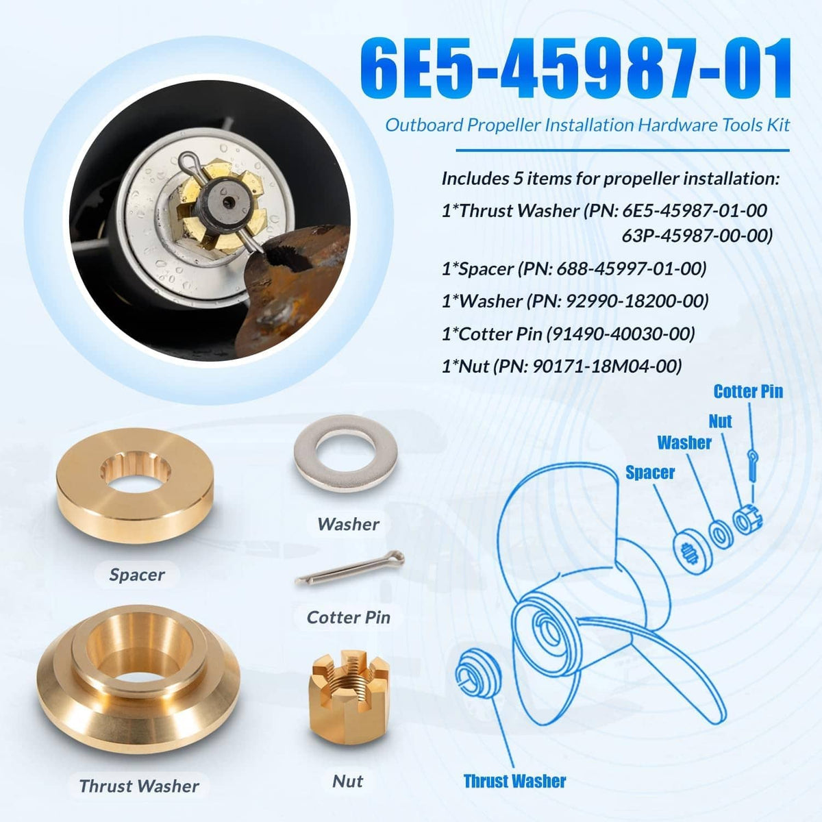 Propeller installation hardware tools kit: thrust washer, spacer, nut, cotter pin, washer