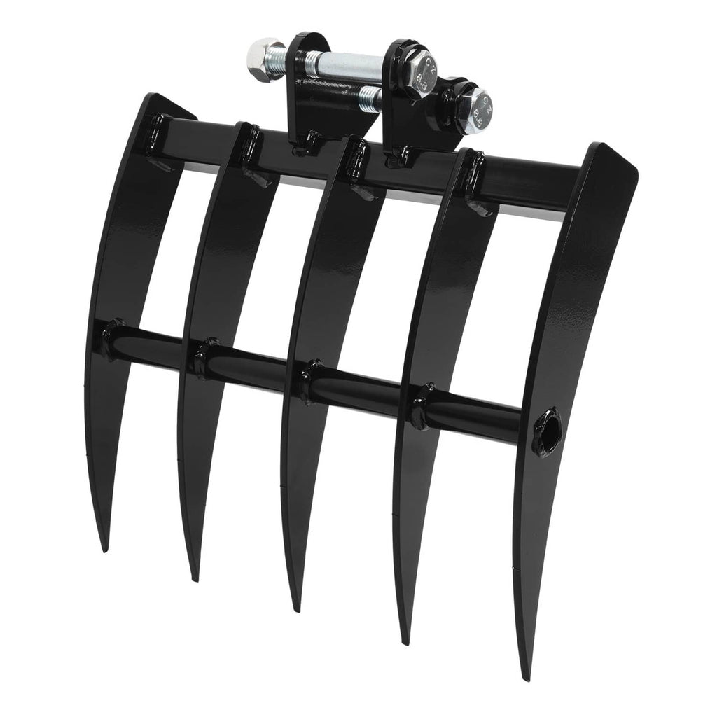 Mini excavator attachment rake with black bars and several pointed steel tines