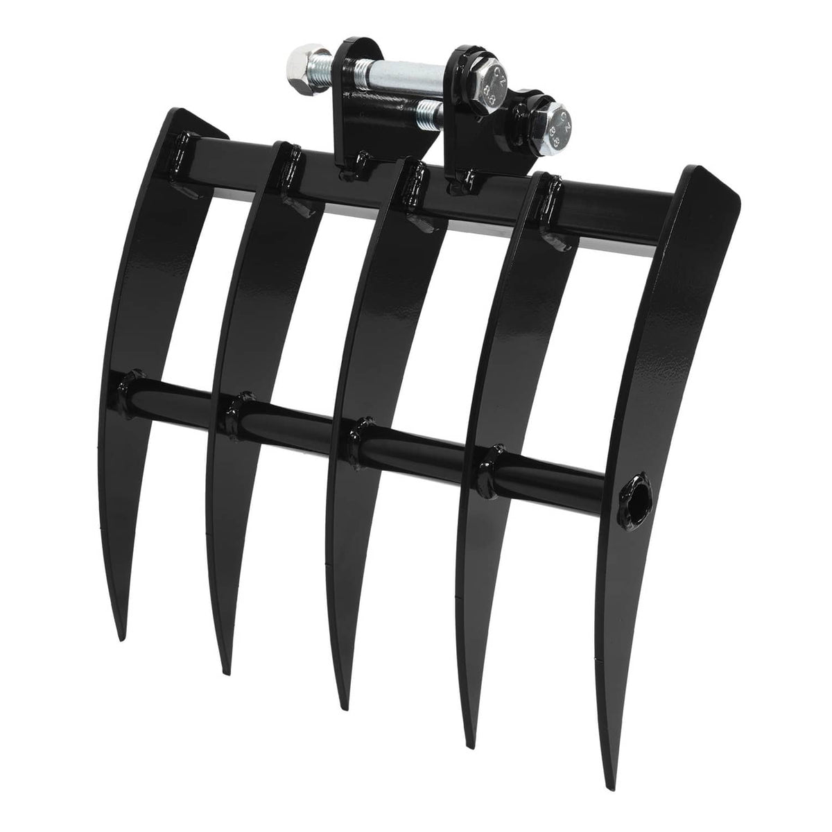 Mini excavator attachment rake with black bars and several pointed steel tines