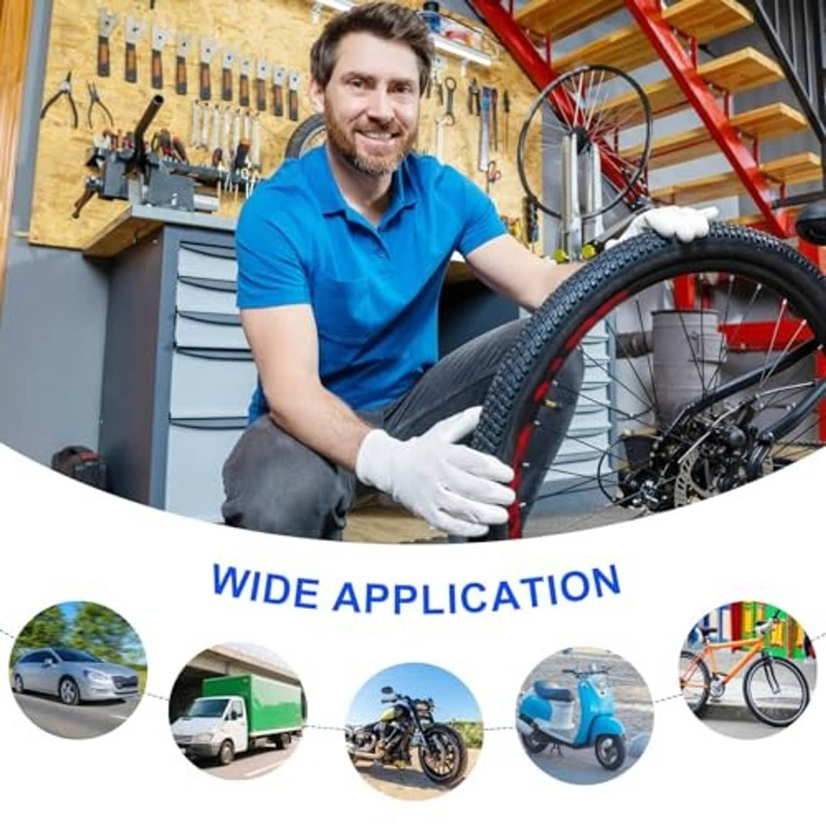 Bicycle mechanic holding a wheel with a valve repair tool in a workshop