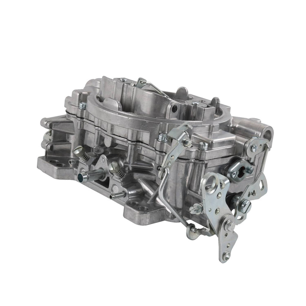 Square-bore 4-barrel carburetor with manual choke, 600 CFM, silver metal body