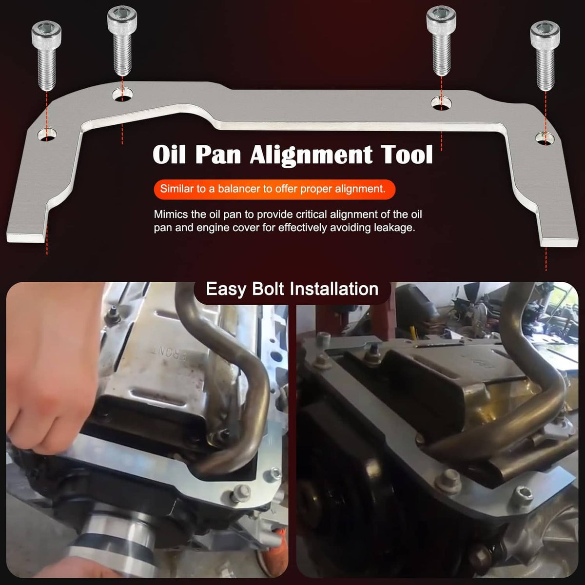 Oil pan alignment tool plate with bolts and two-part ring adapters