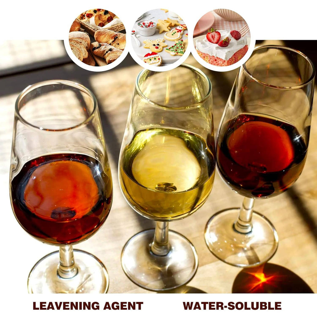 Potassium bicarbonate leavening agent and water-soluble shown with drinks
