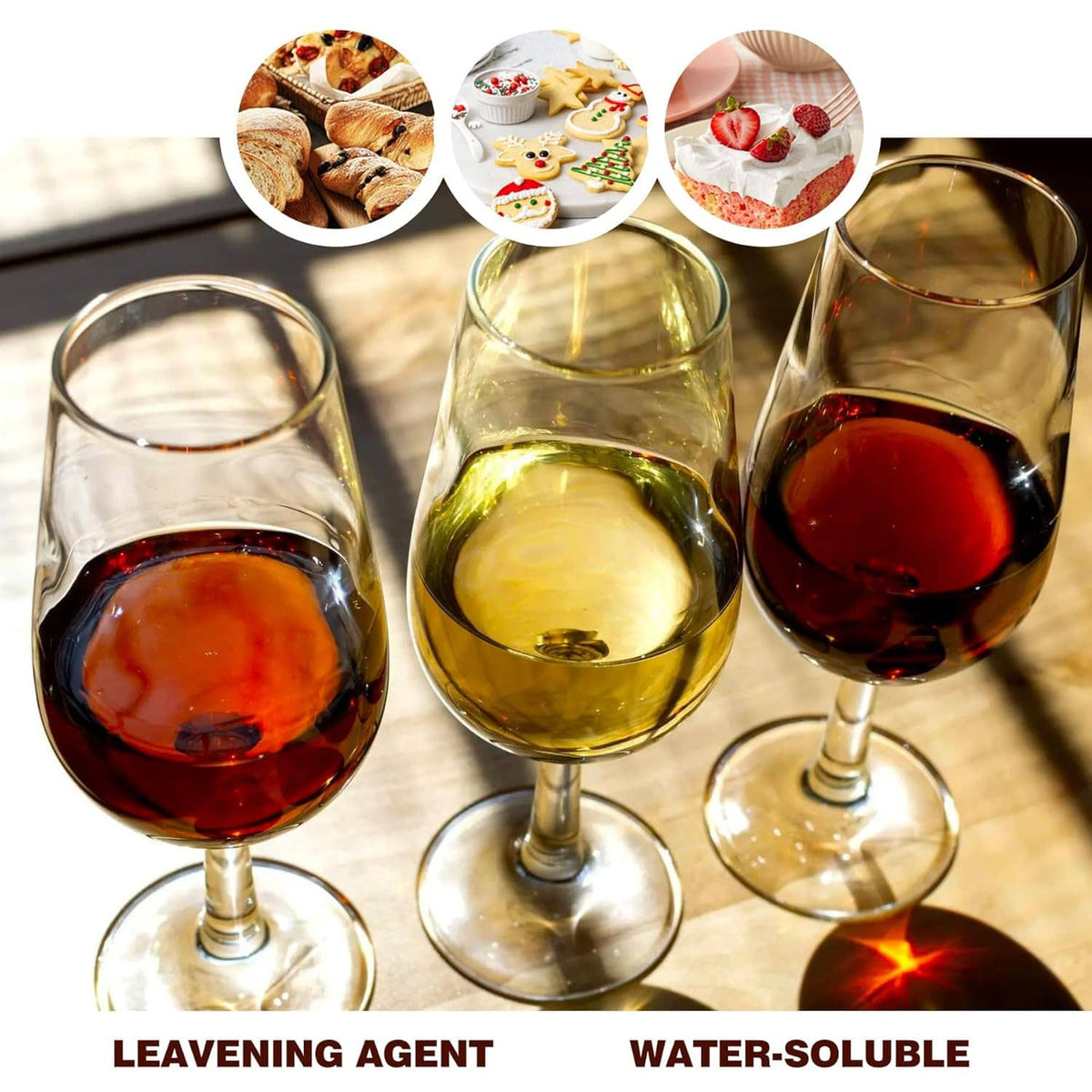 Potassium bicarbonate leavening agent and water-soluble shown with drinks