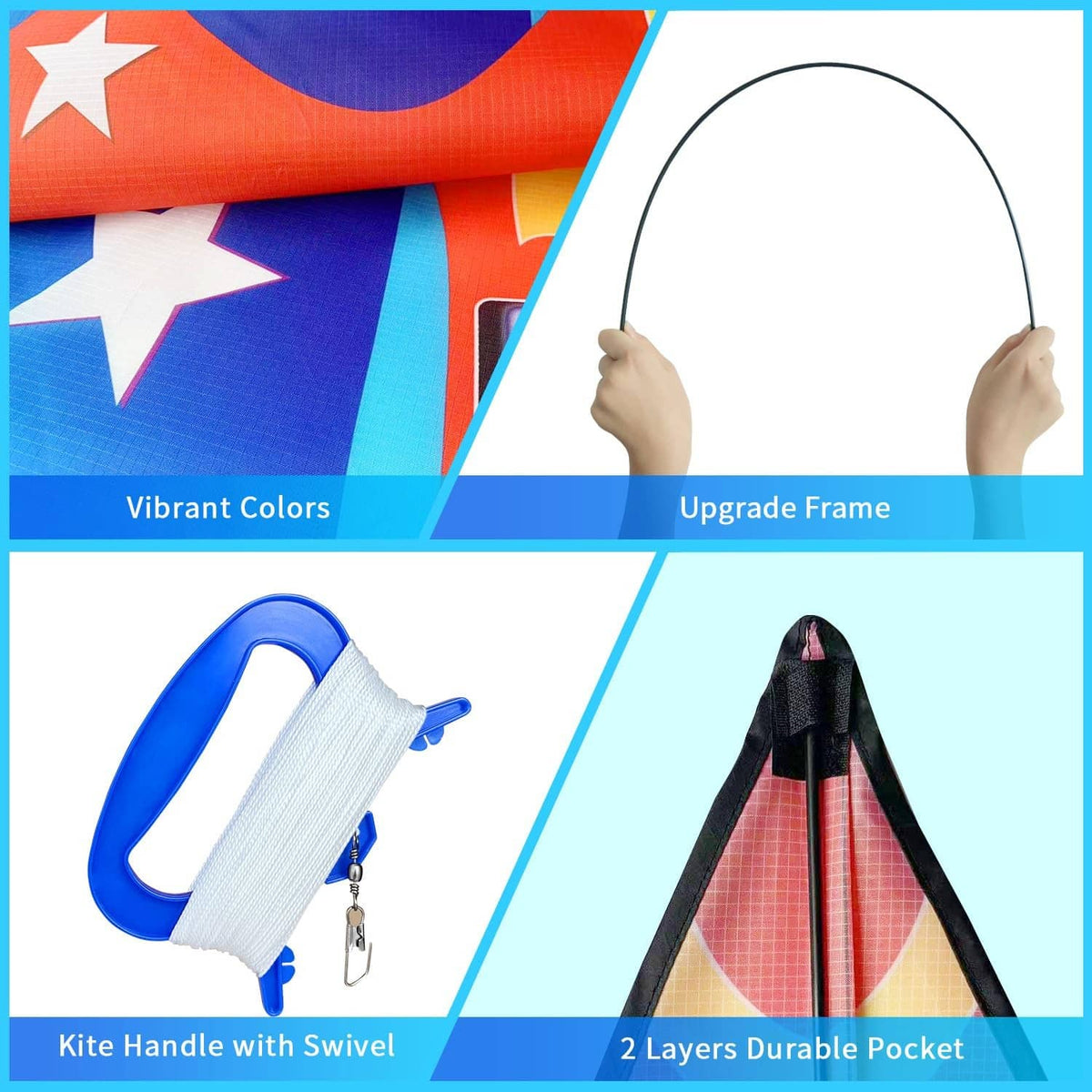 Red airplane kite with white star print, kite handle and swivel line connector