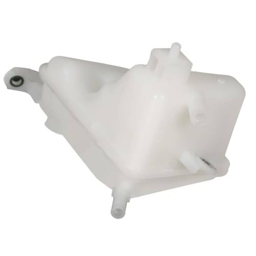 White coolant expansion tank, angled view with hose ports and mounting eye