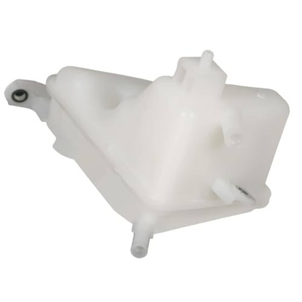 White coolant expansion tank, angled view with hose ports and mounting eye