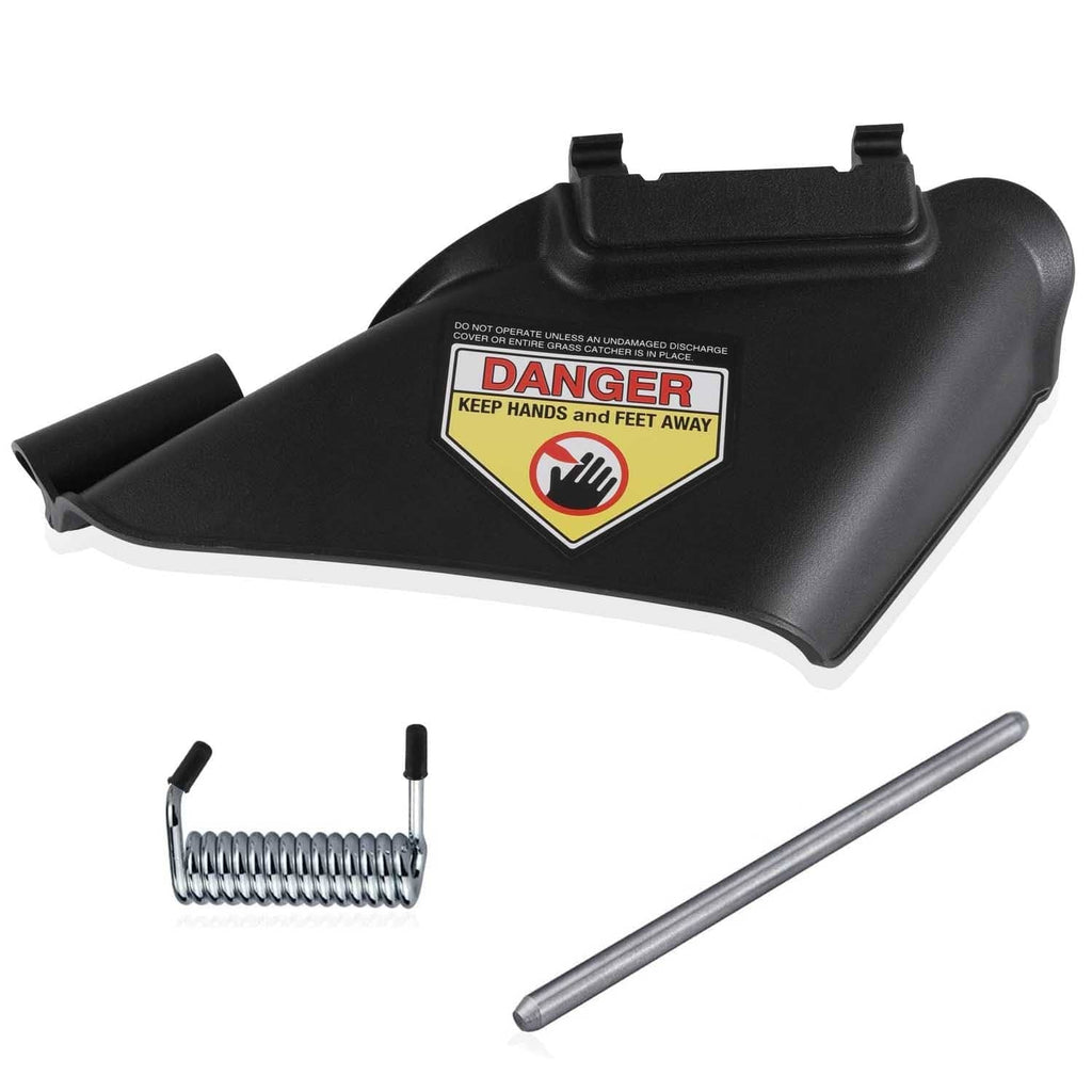 Black lawn mower side discharge chute with warning label, plus mounting spring and pin