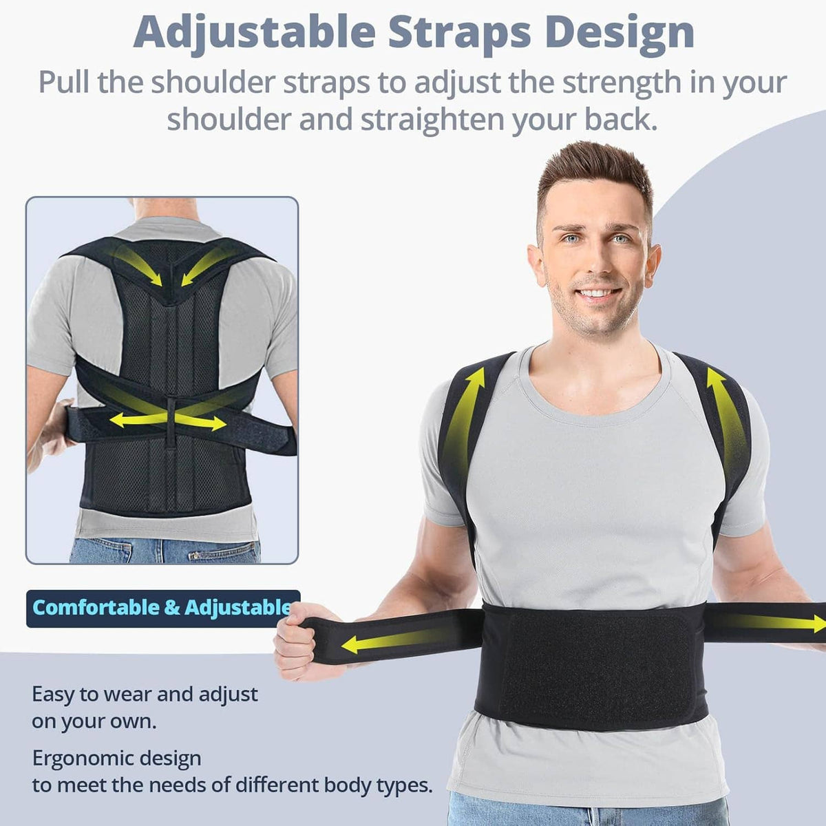 Adjustable strap posture corrector brace, black waistband and shoulder straps with yellow adjustment arrows