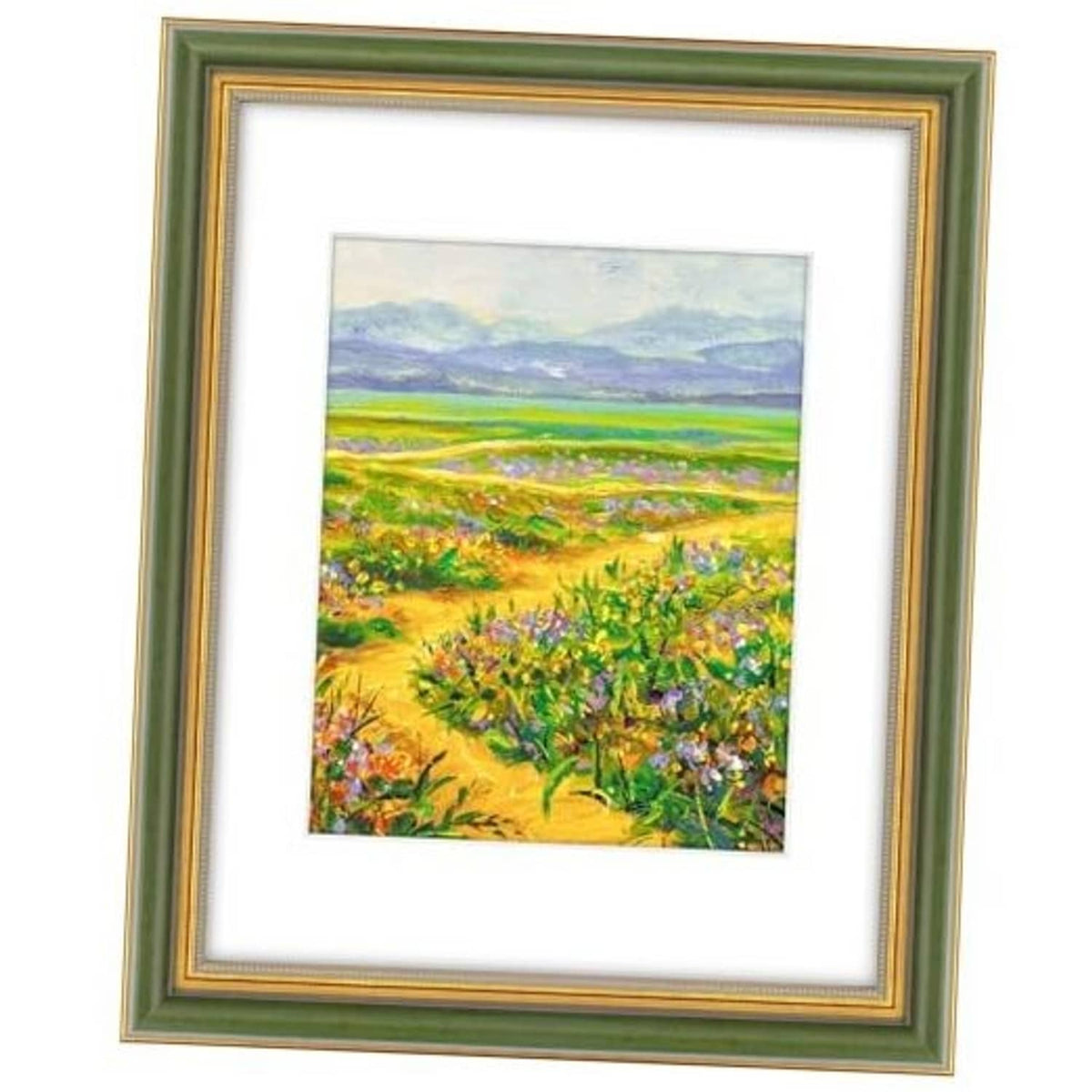 Ornate green and gold picture frame with white mat, holding a landscape artwork.